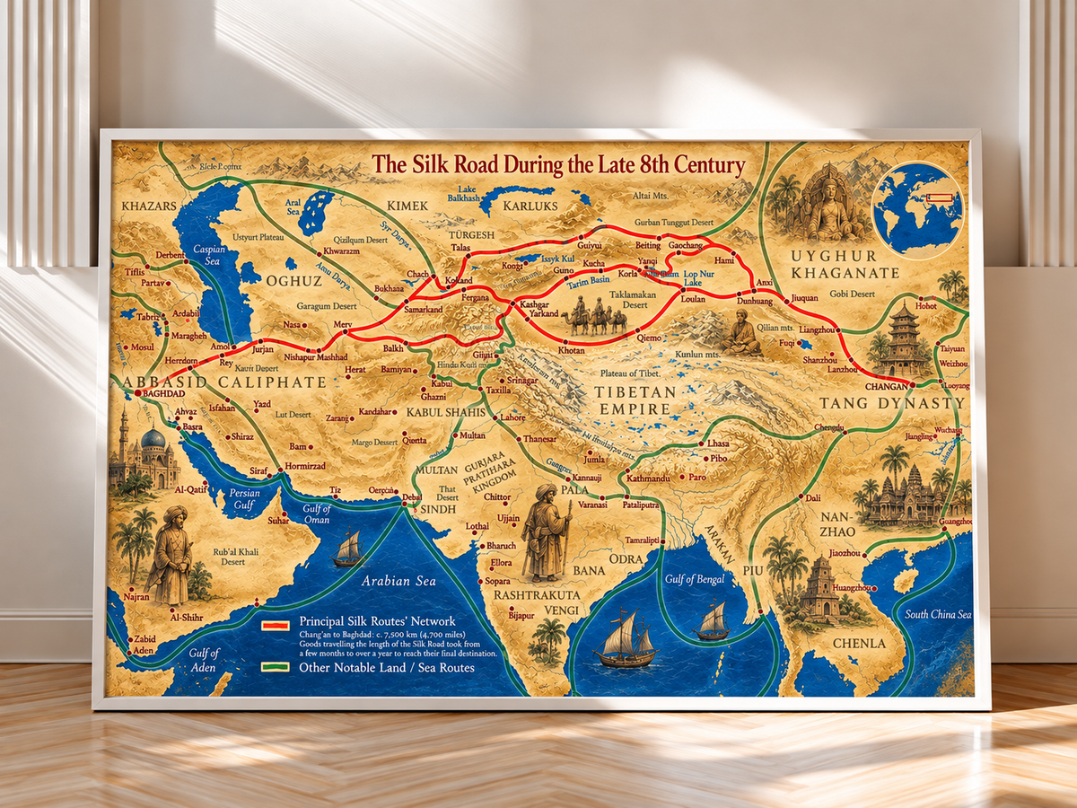 Silk Road map presented in a clean white frame, featuring historic cities, seas, empires and interconnected land and maritime trading routes.