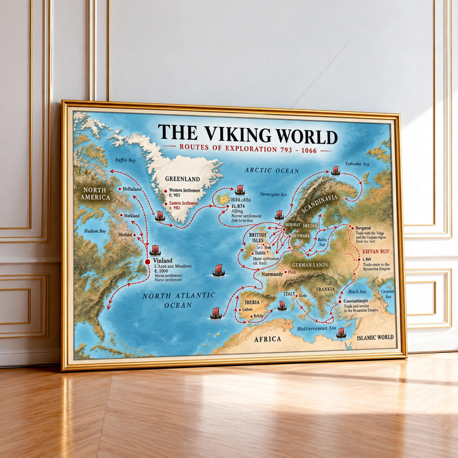 Framed Viking world map wall art, blue map with labeled routes, gold border