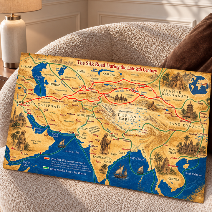 Unframed Silk Road historical poster with richly detailed cartography, illustrating ancient trade routes from the Middle East through Central Asia to China.
