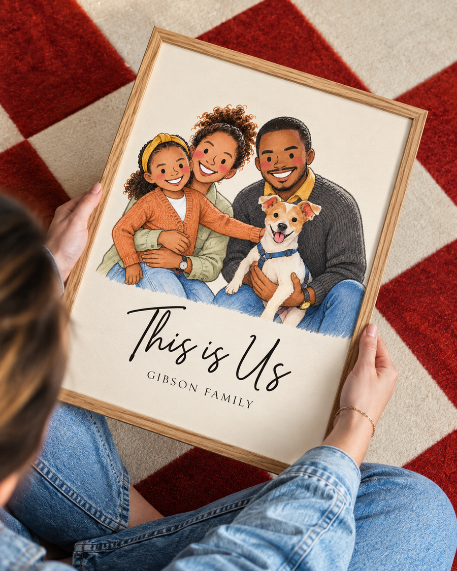 Wood framed family portrait wall art with dog; 'This is Us' and 'Gibson Family'