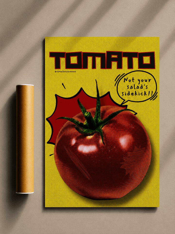 Yellow retro tomato illustration poster with TOMATO title and cartoon tomatoes
