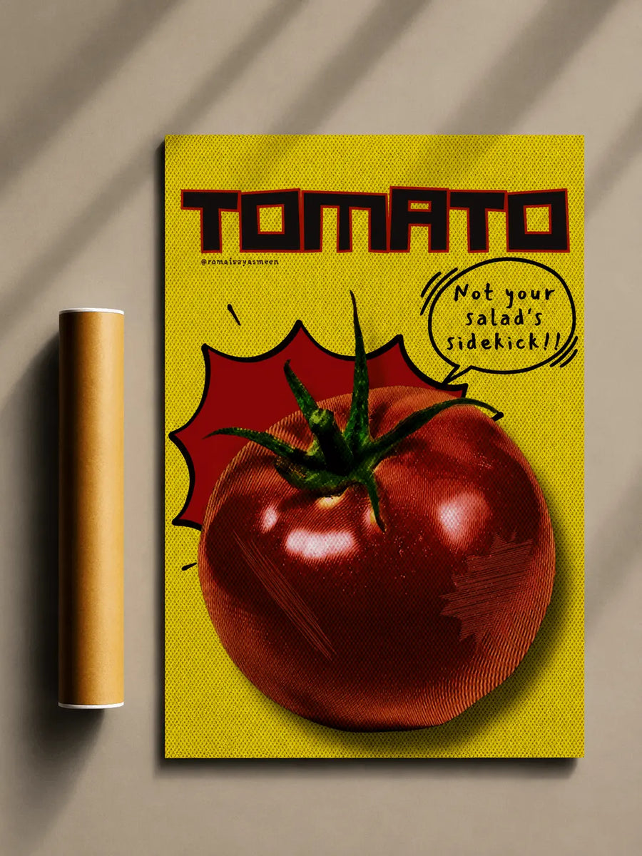 Yellow retro tomato illustration poster with TOMATO title and cartoon tomatoes
