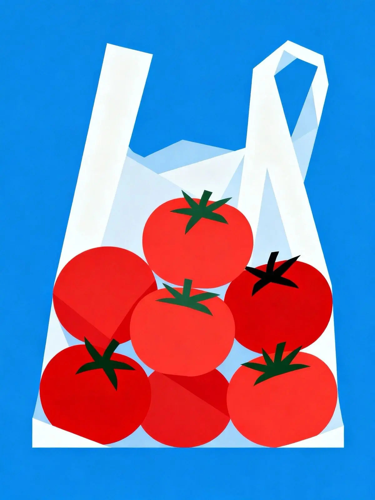 Tomato kitchen poster close-up: red tomatoes with green stems on blue with white shapes