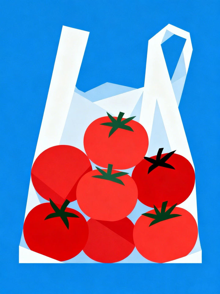 Tomato kitchen poster close-up: red tomatoes with green stems on blue with white shapes