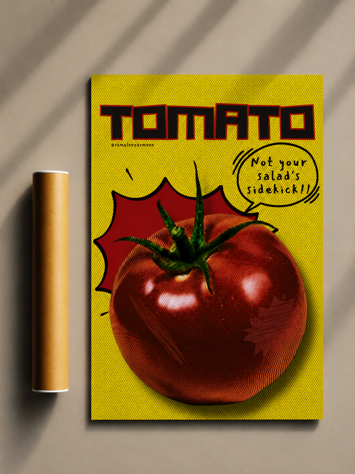 Retro tomato poster, red tomato with green stem and comic-style text on yellow