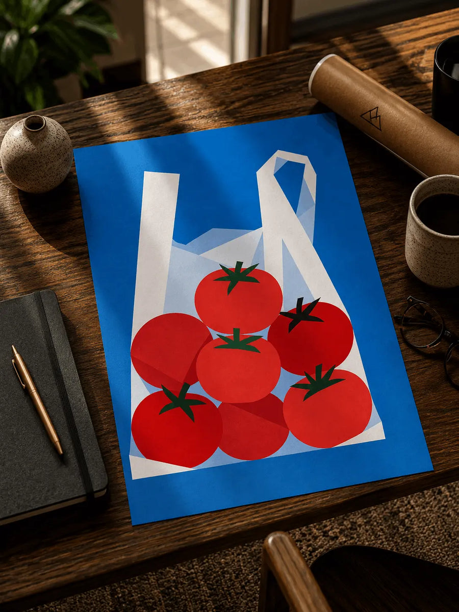 Tomato illustration poster on table: red tomatoes on blue with white angular shapes