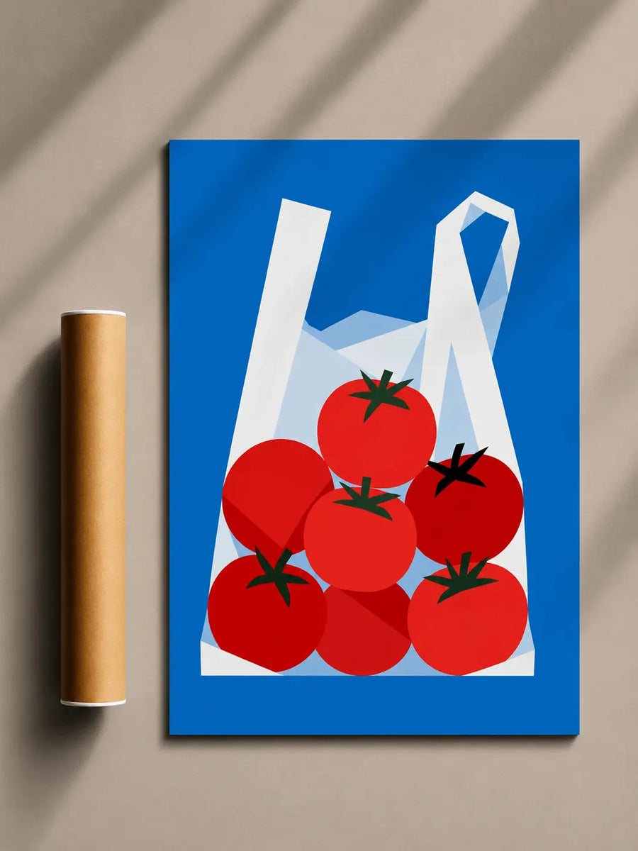 Kitchen tomato poster with red tomatoes on blue background and white block shapes