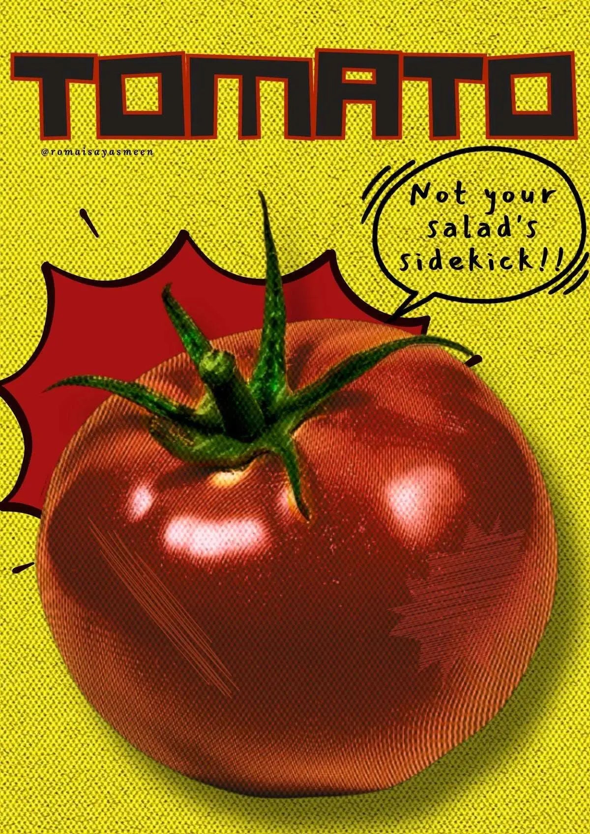 Close-up of retro tomato illustration poster with TOMATO title over yellow background