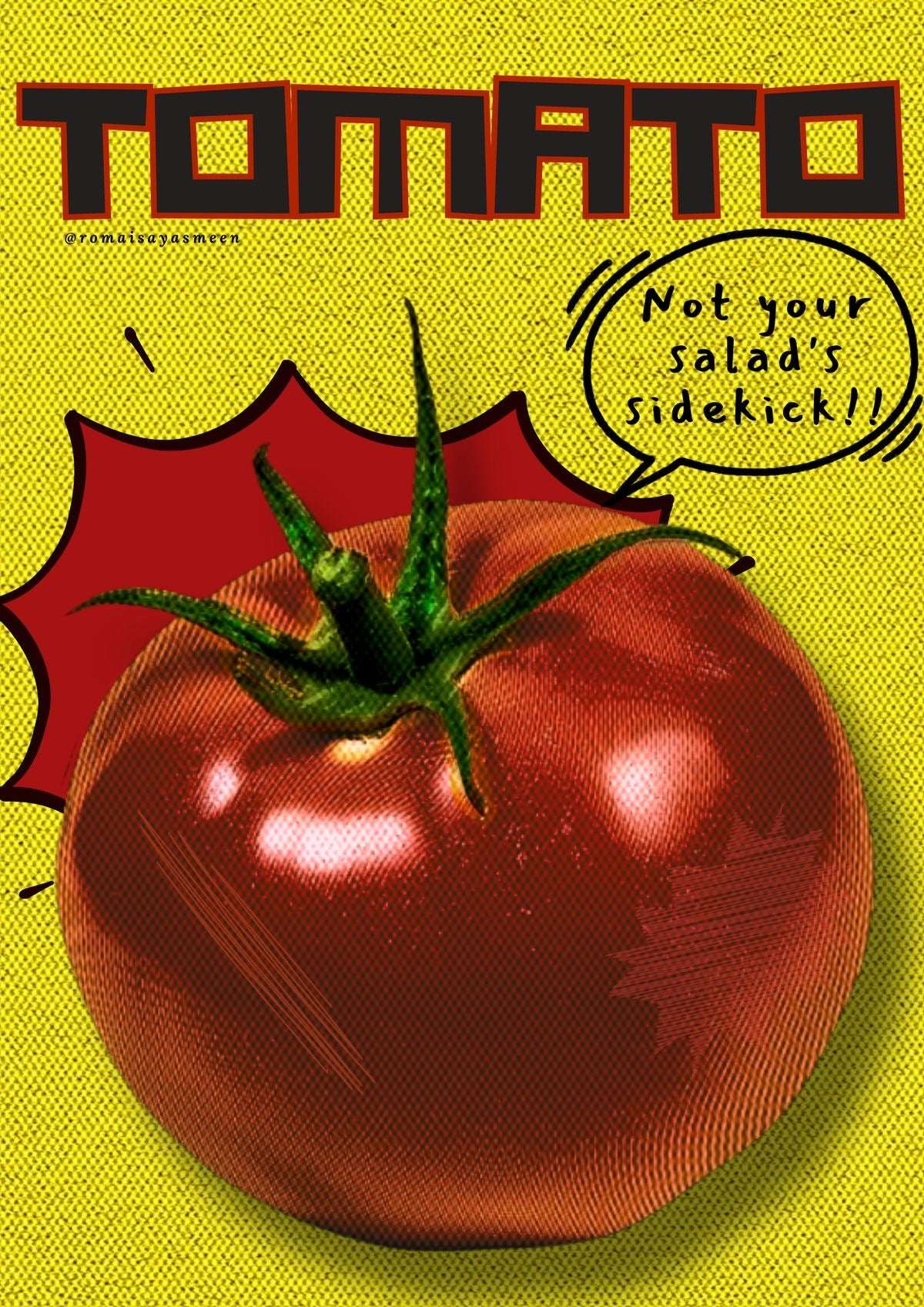 Close-up of retro tomato illustration poster with TOMATO title over yellow background