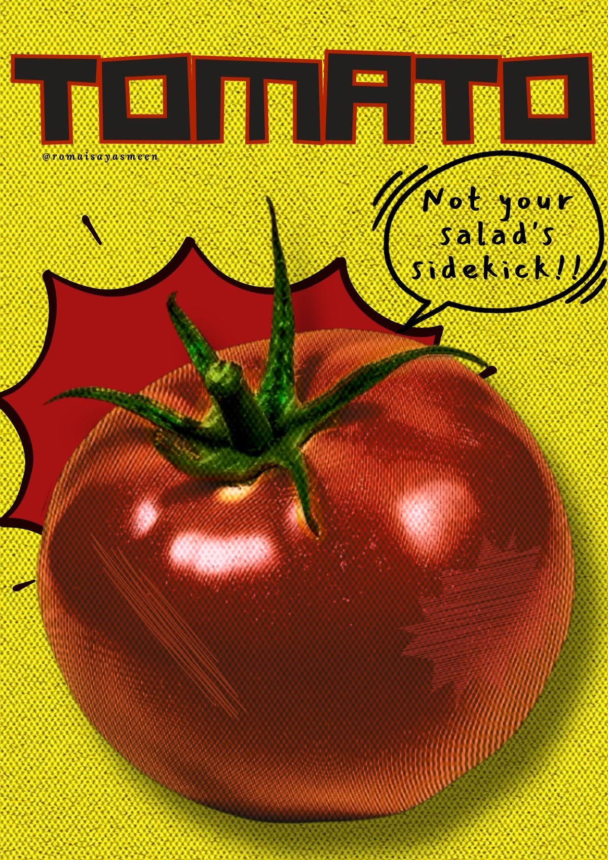 Retro tomato poster with red tomato and stylized banner text on yellow background