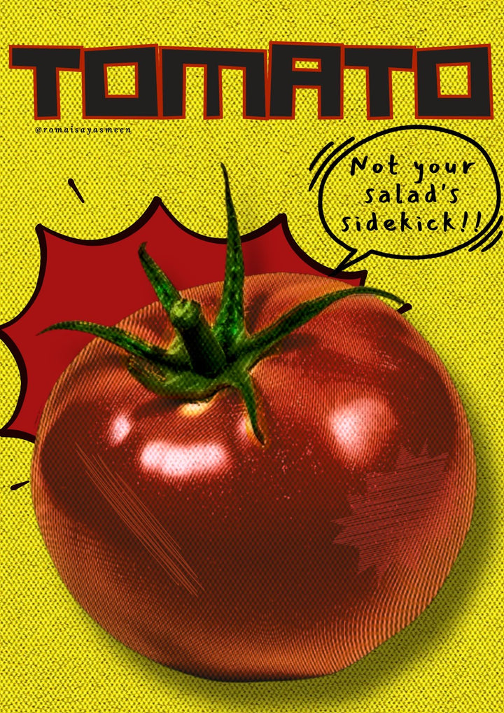 Retro tomato poster with red tomato and stylized banner text on yellow background