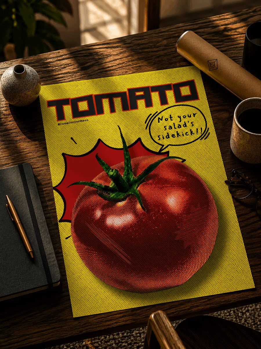 Retro TOMATO poster with yellow backdrop and red tomatoes with green stems