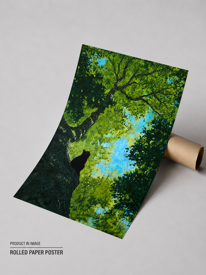Póster enrollado de copa de árbol con silueta de gato negro en una rama