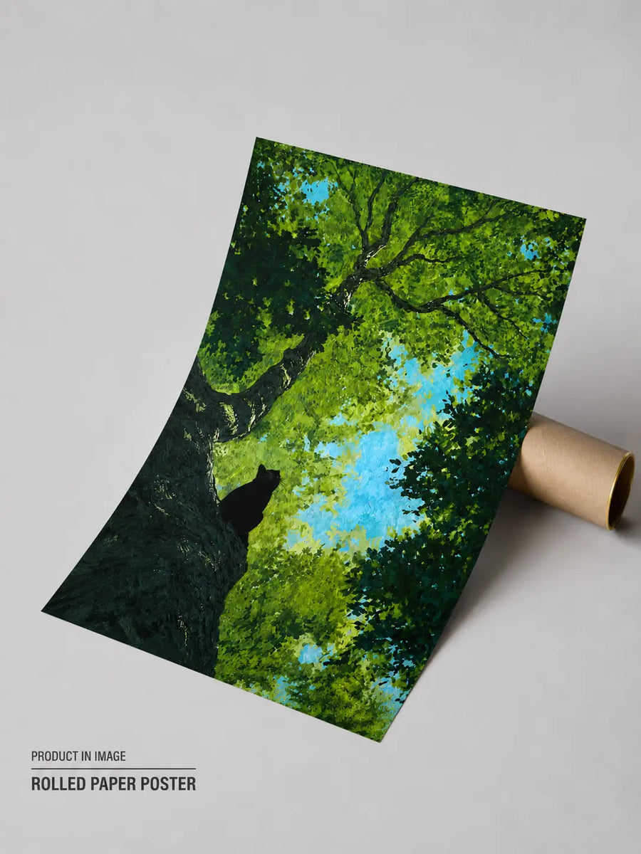 Póster enrollado de copa de árbol con silueta de gato negro en una rama