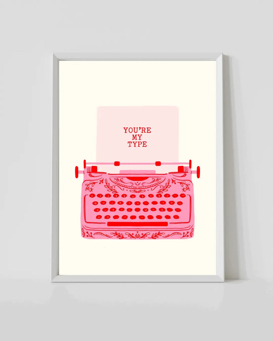 Typewriter print with red typewriter illustration and text, in white frame