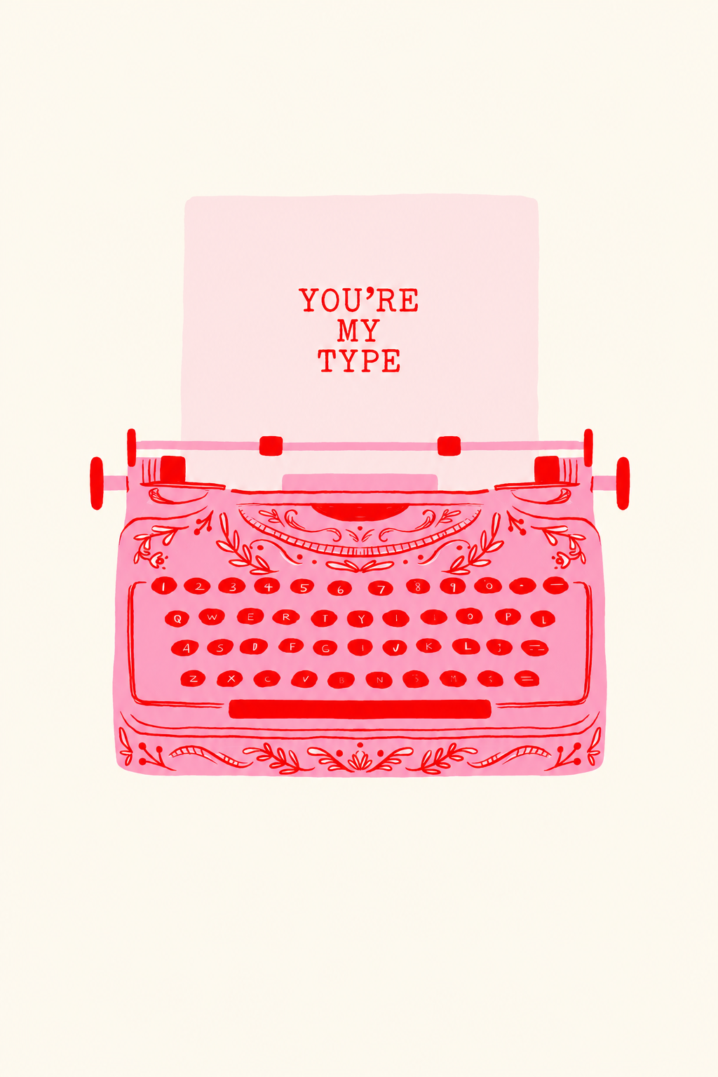 Typewriter Print showcasing a retro typewriter illustration with romantic typography in a clean minimalist design.