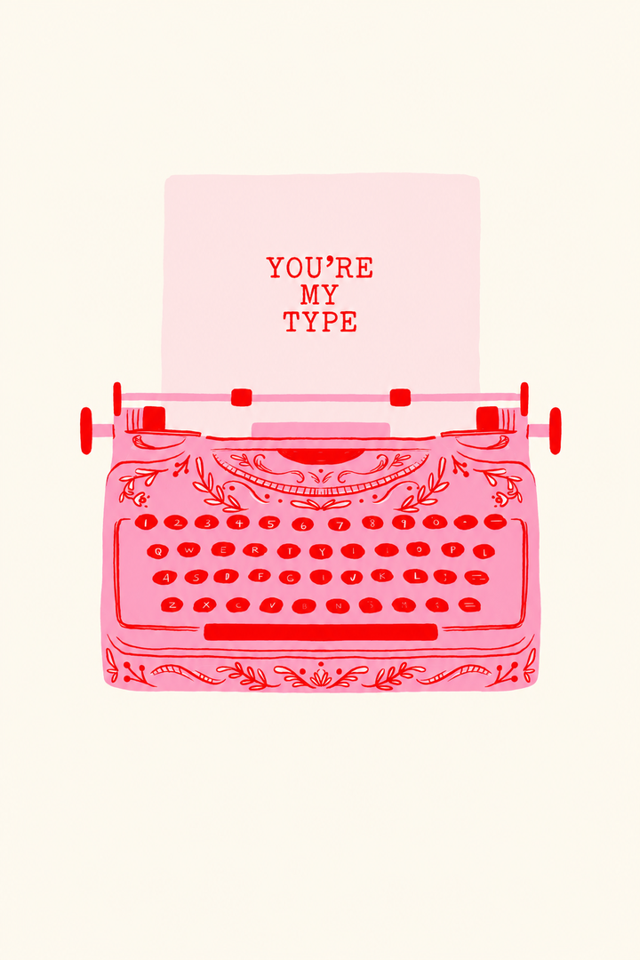 Typewriter Print showcasing a retro typewriter illustration with romantic typography in a clean minimalist design.