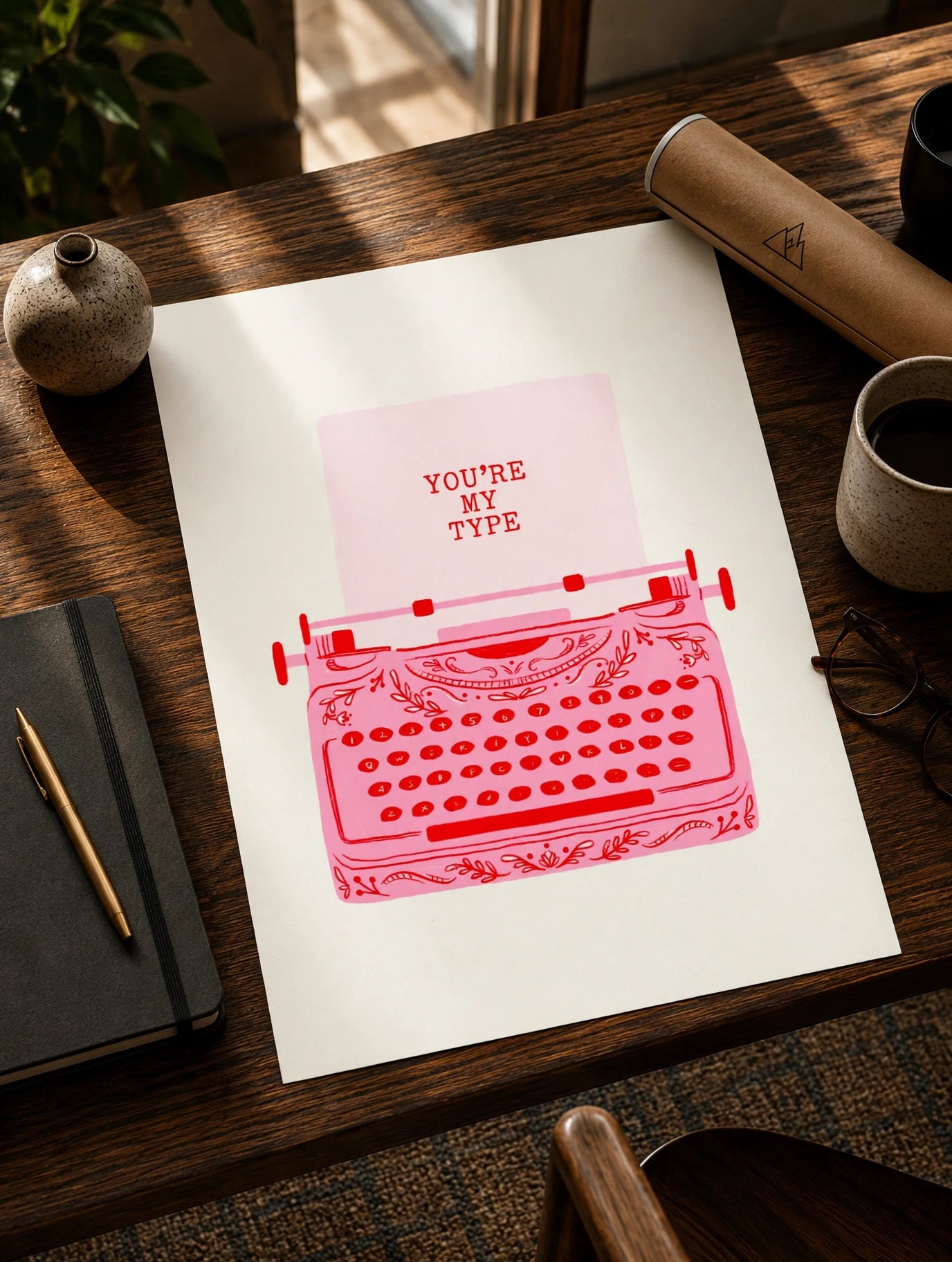 Typewriter Print displaying the "You're My Type" message above a classic typewriter for bedrooms, home offices, and gallery walls.
