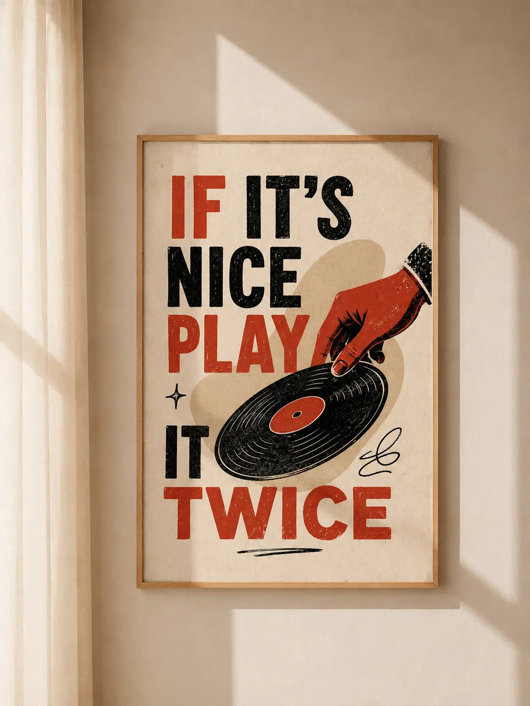 Wood-framed vinyl record wall art with red and black “If It’s Nice Play It Twice” lettering