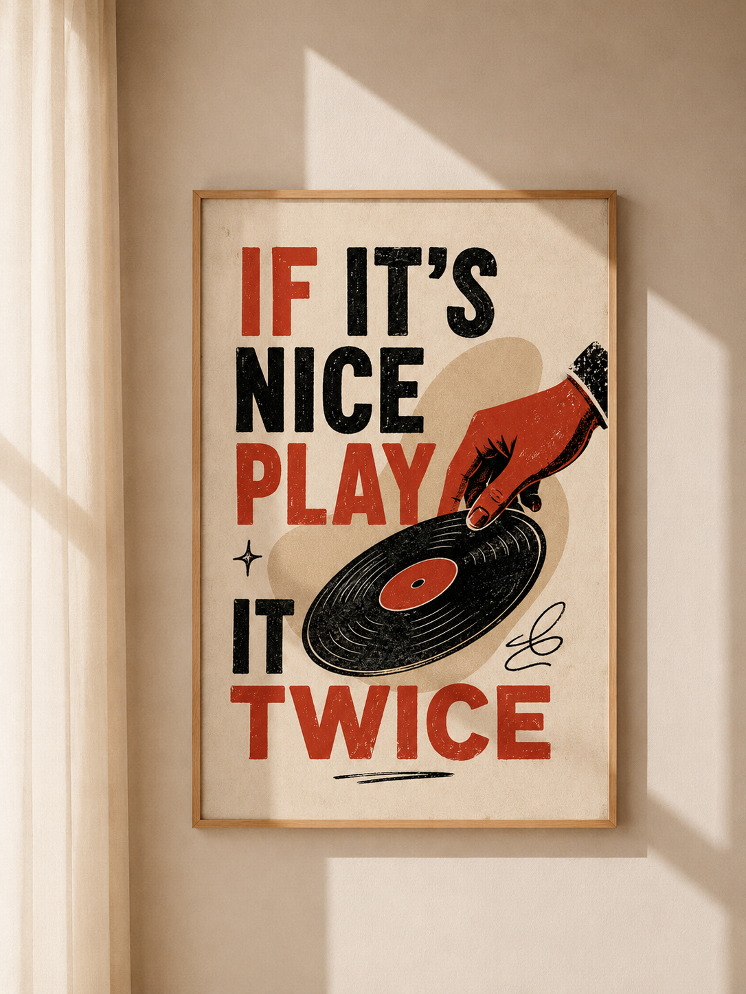 Wood-framed vinyl record wall art with red and black “If It’s Nice Play It Twice” lettering