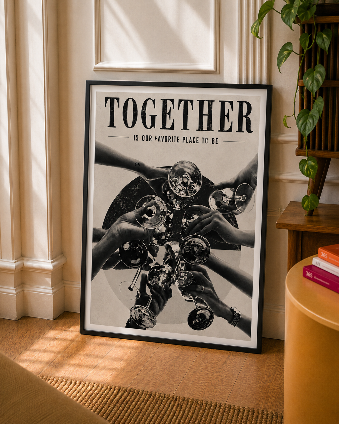 Together Typography Art Print featuring raised glasses and bold black and white friendship typography