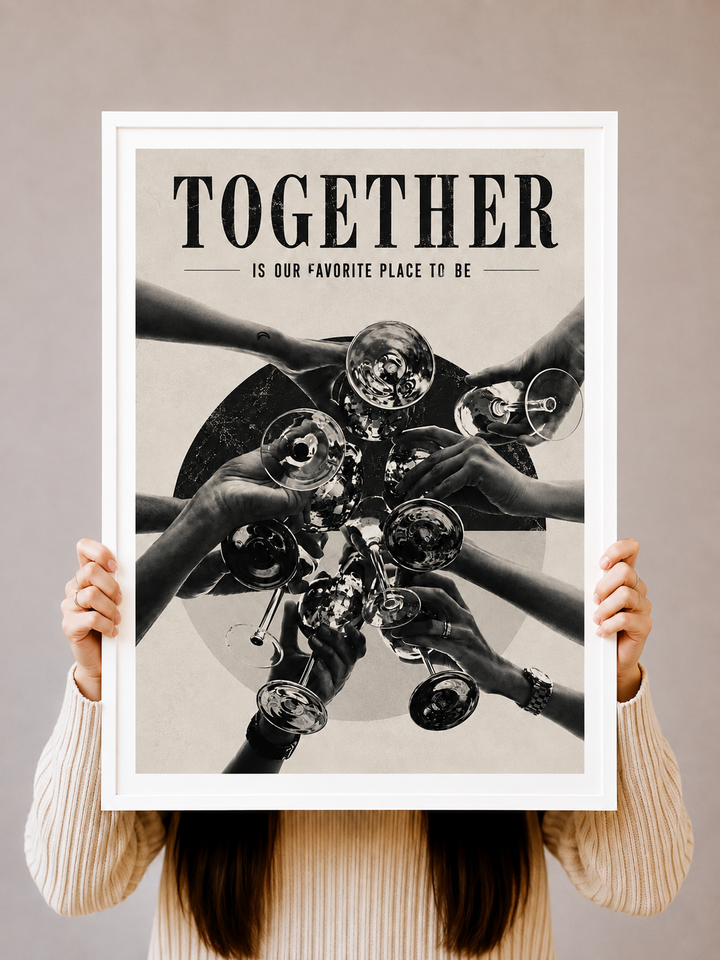 Together Typography Art Print displayed in a modern interior with monochrome gathering artwork