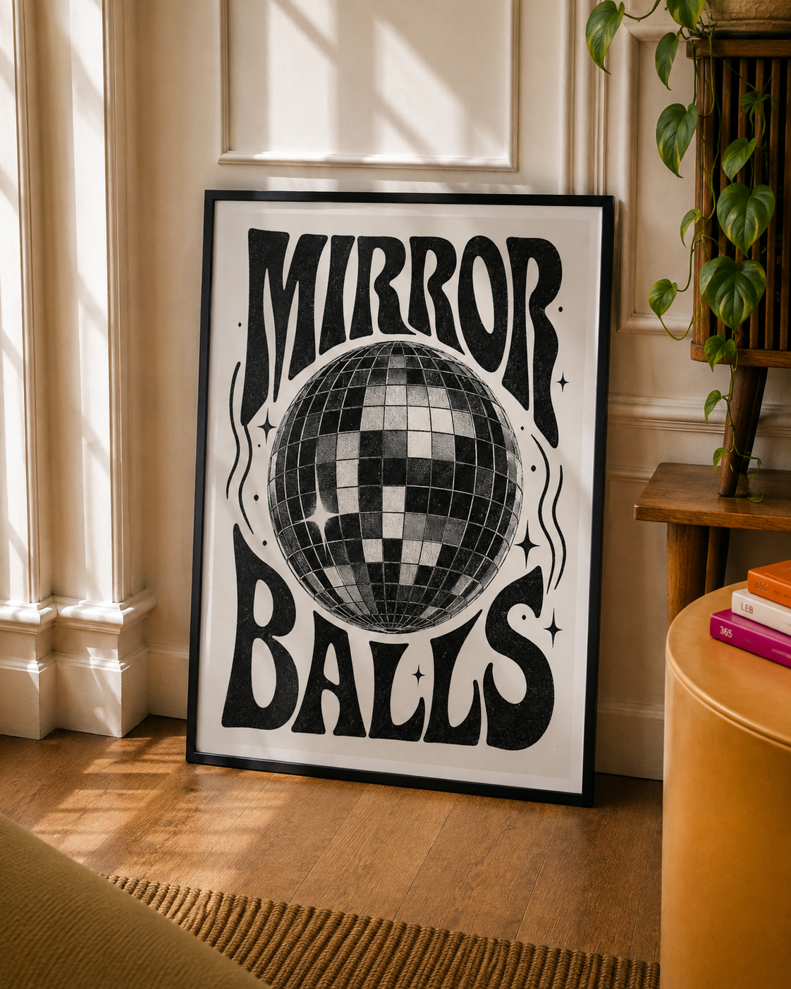 Mirror Ball Art Print with bold retro lettering and a black and white disco ball illustration