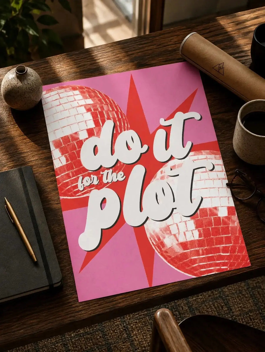 Disco typography print with pink rays, red disco ball graphic, and large "do it" lettering