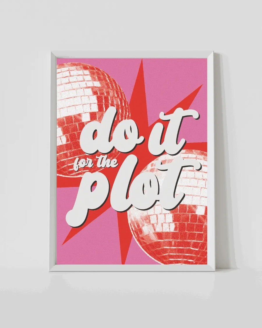White-framed disco typography print with pink background, red disco ball and "do it" text