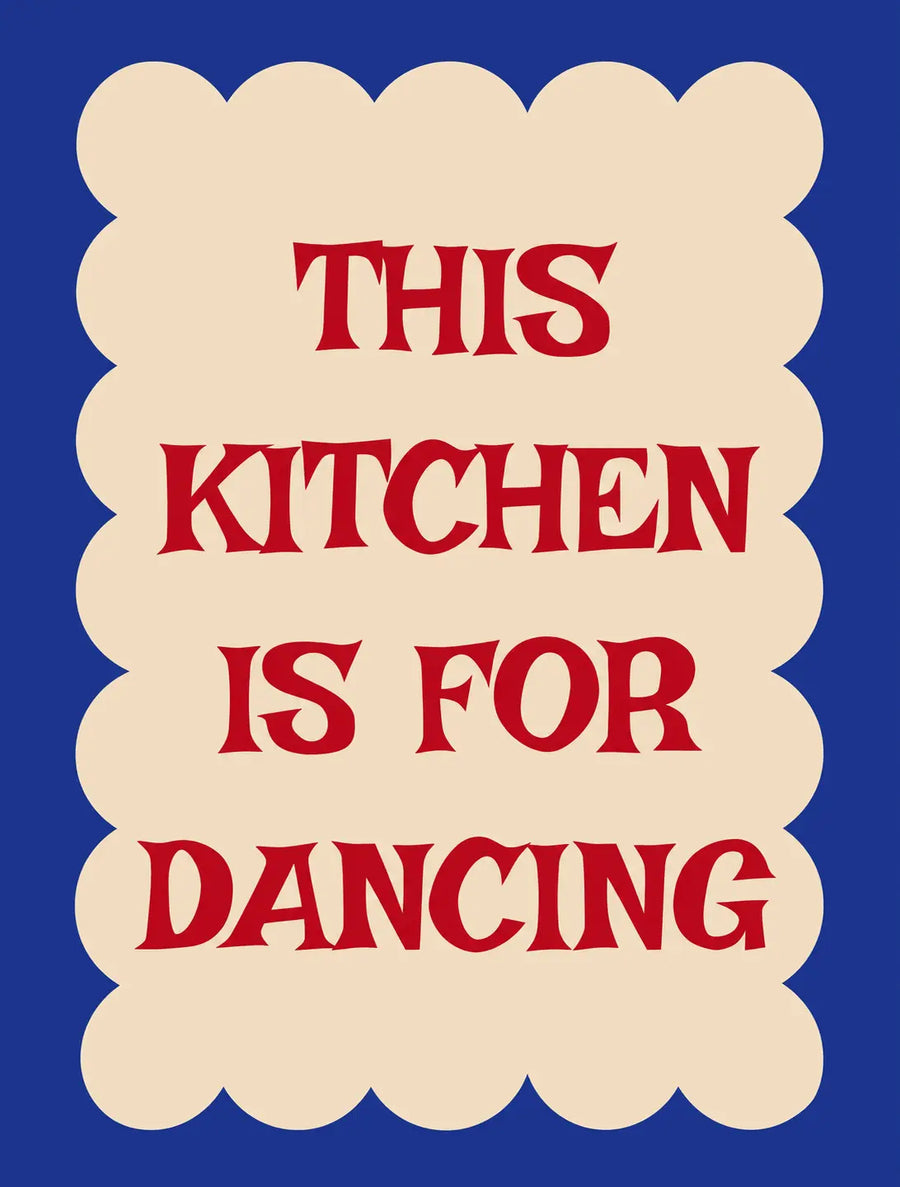 Kitchen quote print with blue background, cream scalloped panel, red quote text