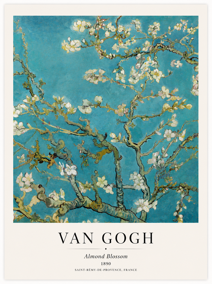 Almond Blossom art print with blue sky and white blossoms on branches, VAN GOGH centered