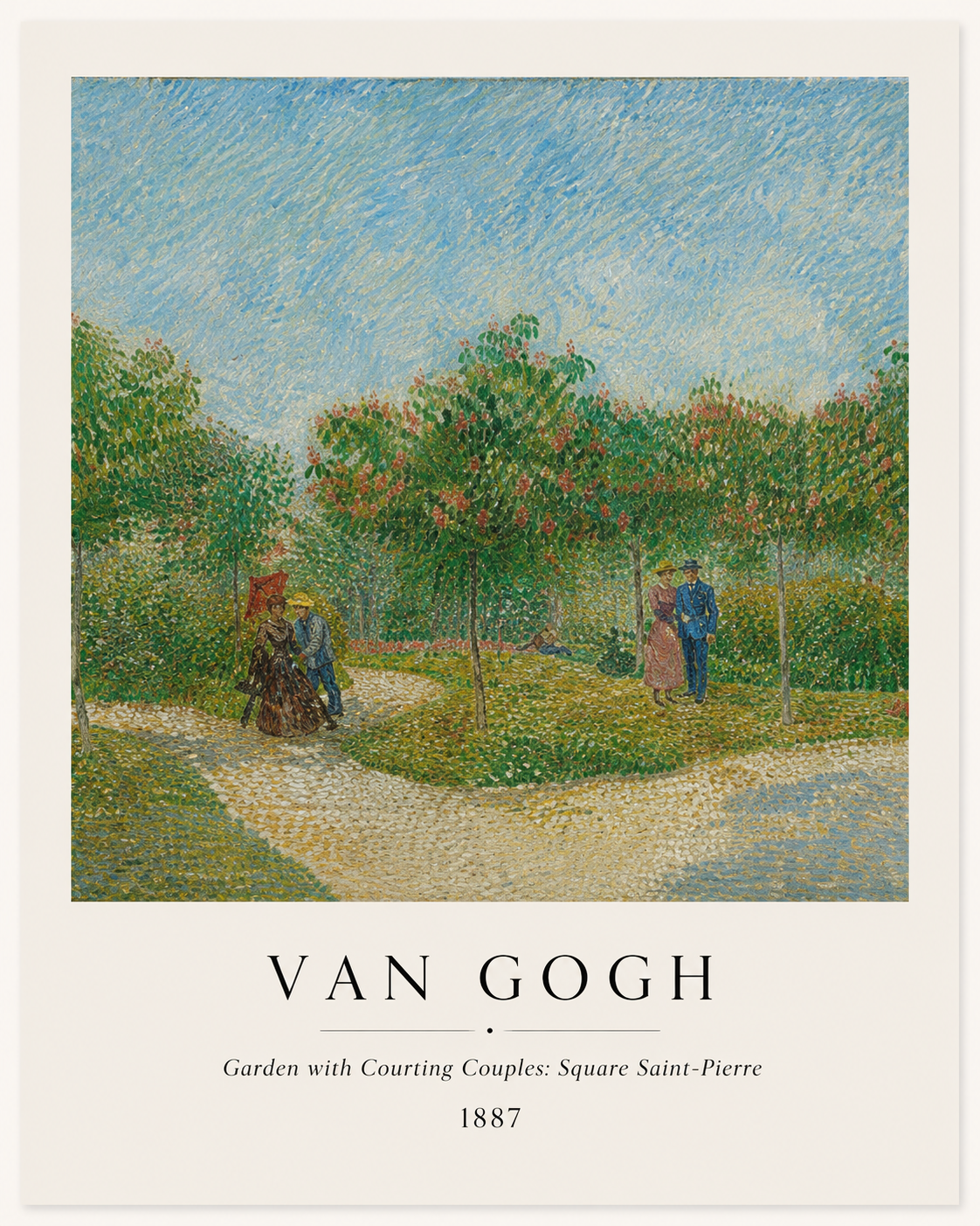 Framed landscape print featuring blue sky and green orchard path with two figures