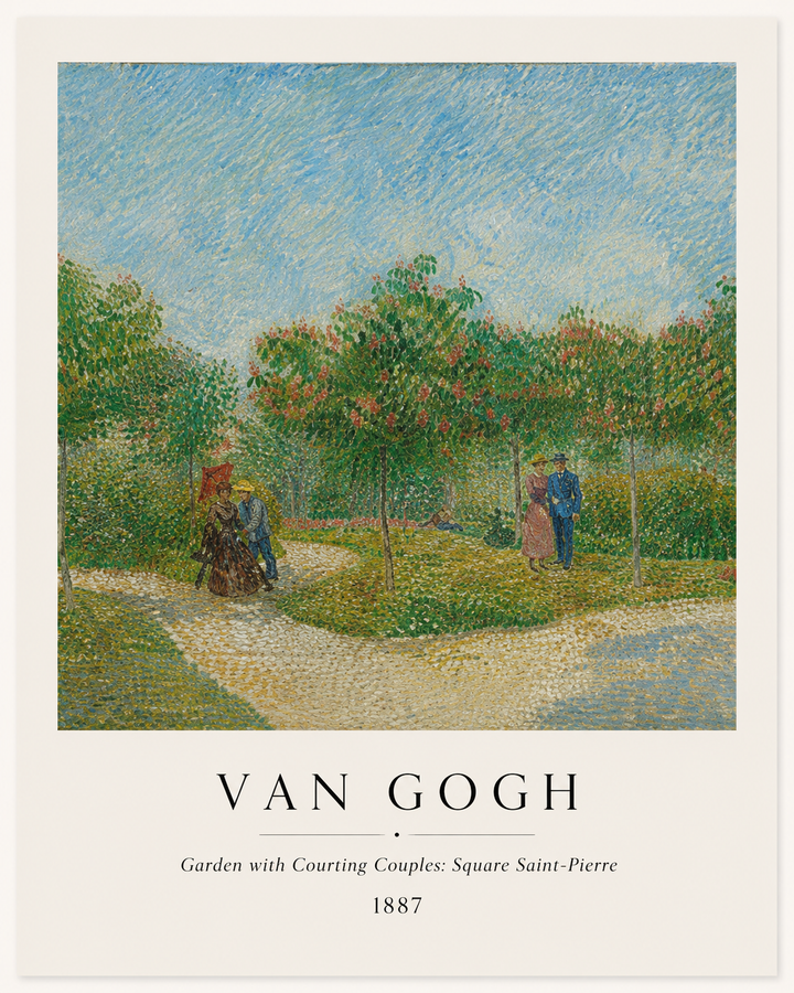 Framed landscape print featuring blue sky and green orchard path with two figures