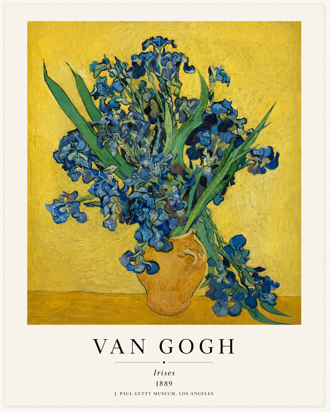 Van Gogh irises art print showing blue blossoms and green stems from a vase