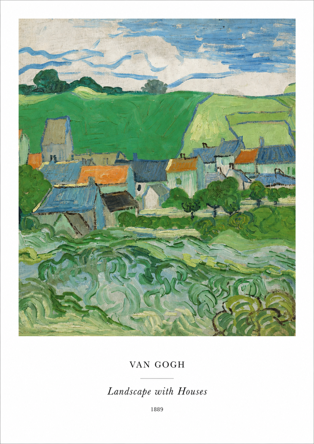 Landscape art print showing village houses, green vegetation, and clouds over hills