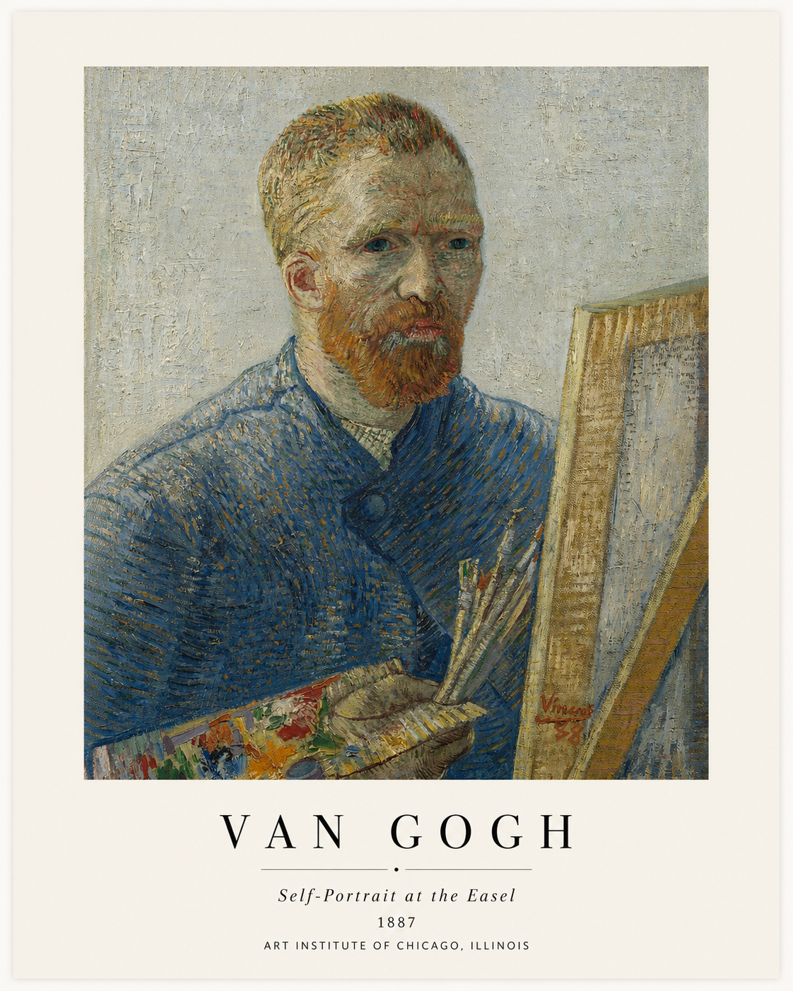 Van Gogh Self Portrait print featuring the artist holding a painter's palette with expressive brushstrokes and muted blue tones.