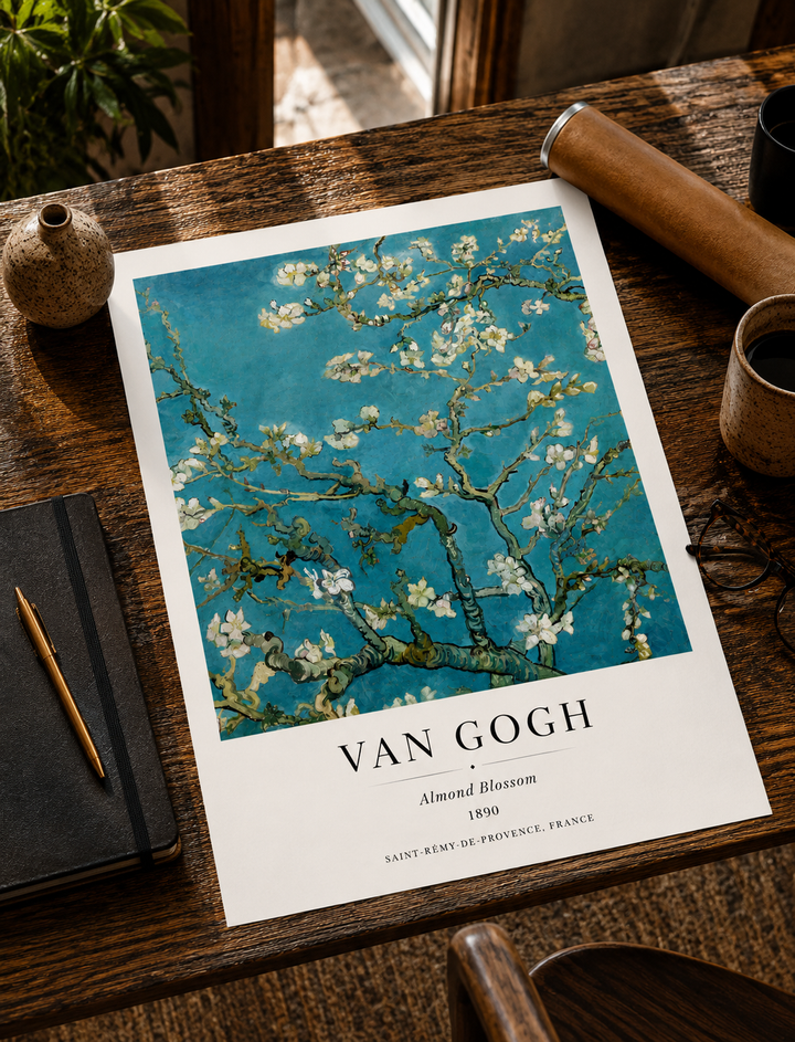 Almond Blossom art print tilted: blue background, white flowering branches, VAN GOGH text