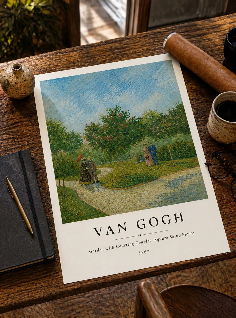 Landscape print on desk, garden scene with blue sky, green trees, two people walking