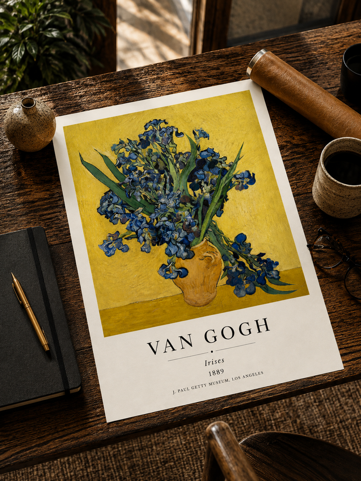 Van Gogh irises art print with blue irises in a brown vase on yellow paper