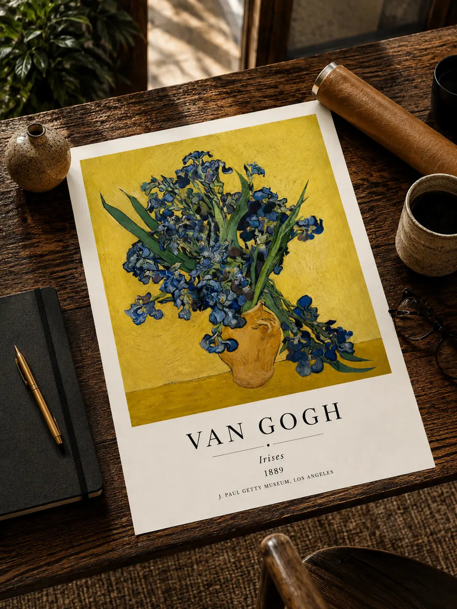 Van Gogh irises art print with blue irises in a brown vase on yellow paper