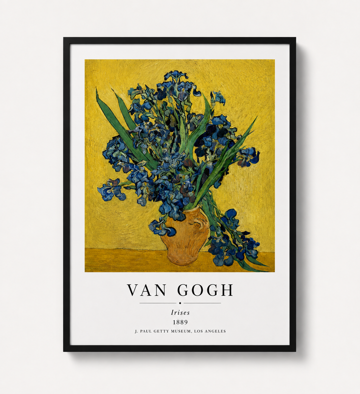 Van Gogh Irises art print in black frame, blue flowers on yellow background
