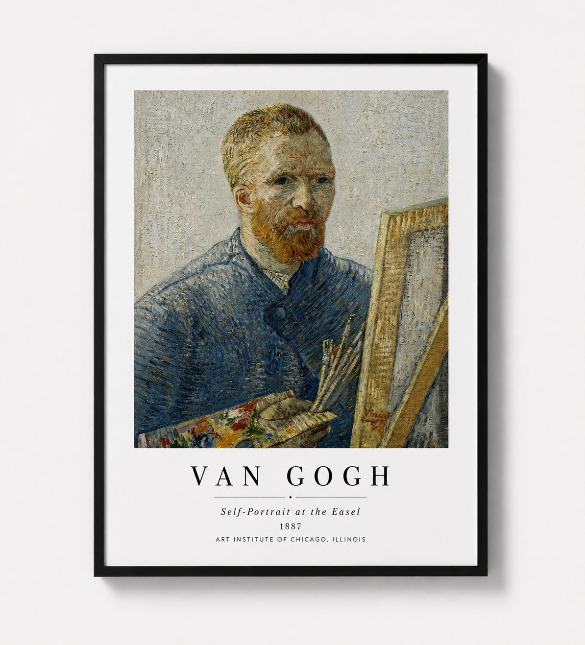 Framed Van Gogh self-portrait print with dark frame, easel artwork and signature text.