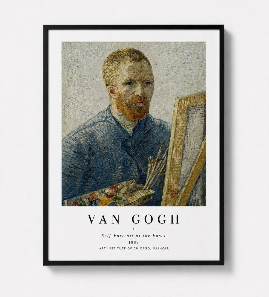 Framed Van Gogh self-portrait print with dark frame, easel artwork and signature text.