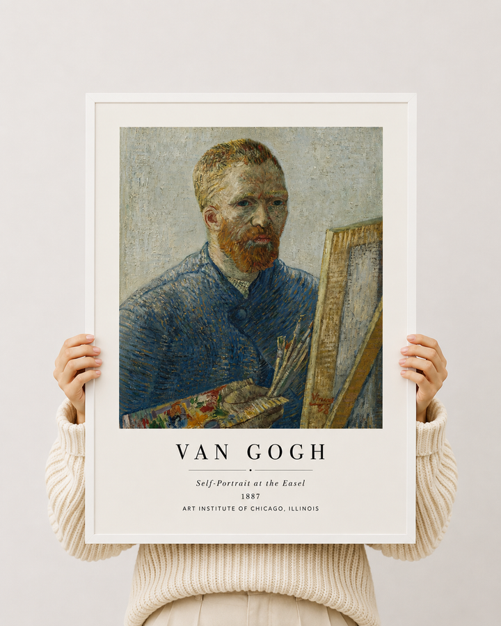 Framed Van Gogh self-portrait print with white frame, easel artwork and signature text.