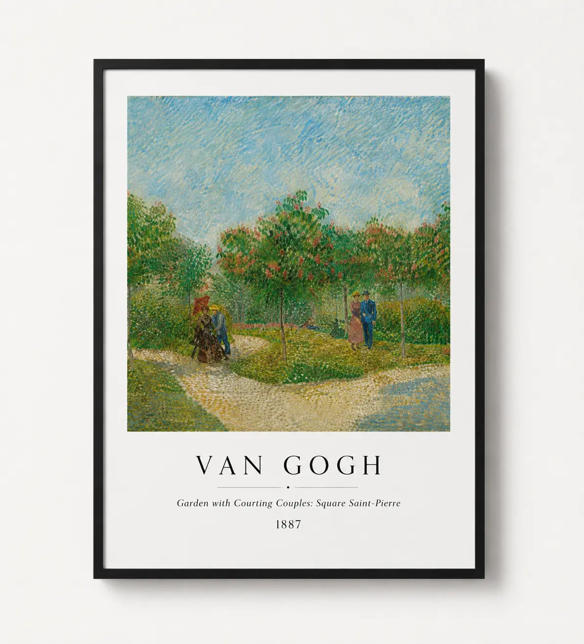 Van Gogh landscape print, black frame, winding path with trees and people; '1887'.