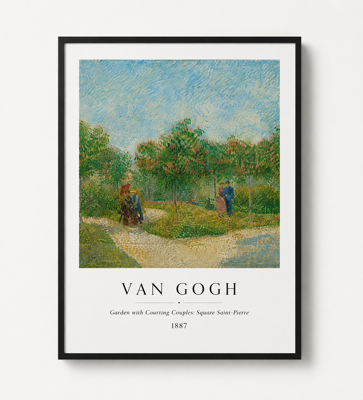Van Gogh landscape print, black frame, winding path with trees and people; '1887'.