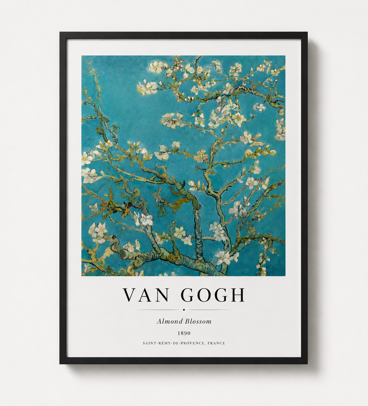 Almond blossom art print in black frame with teal background and white flowering branches