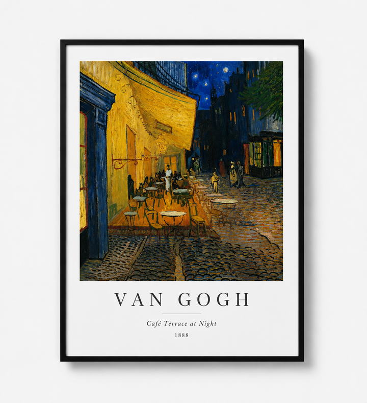 Framed art print of cafe terrace at night with yellow building and deep blue sky