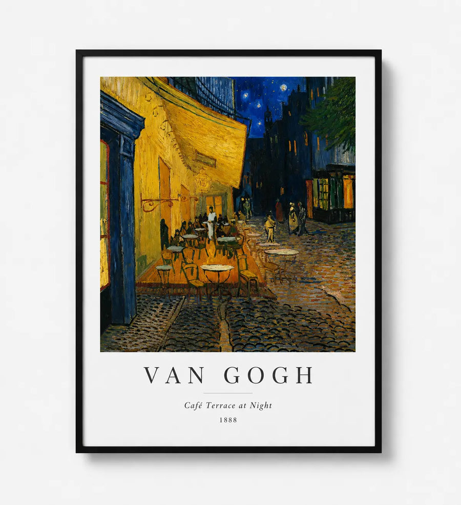 Framed art print of cafe terrace at night with yellow building and deep blue sky