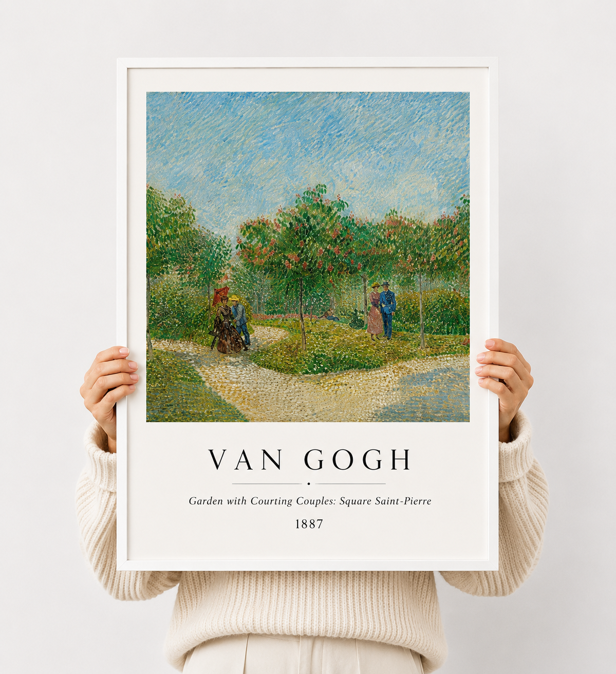 Van Gogh landscape print, white frame, path and trees with people; '1887' text.
